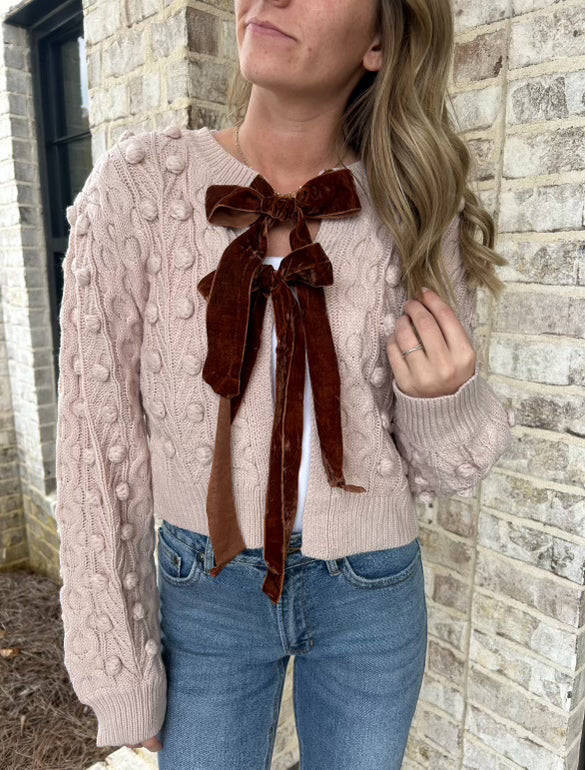 Bow Tie Closure Cable Knit Cardigan Blush