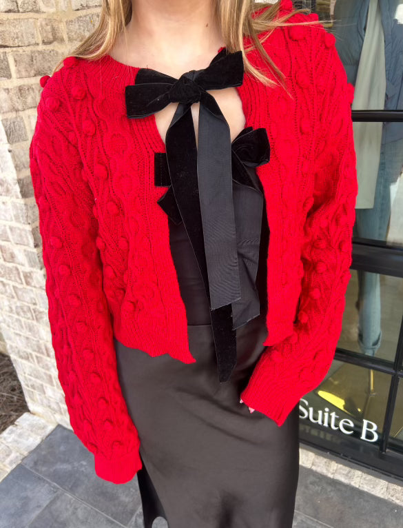 Bow Tie Closure Cable Knit Cardigan Red