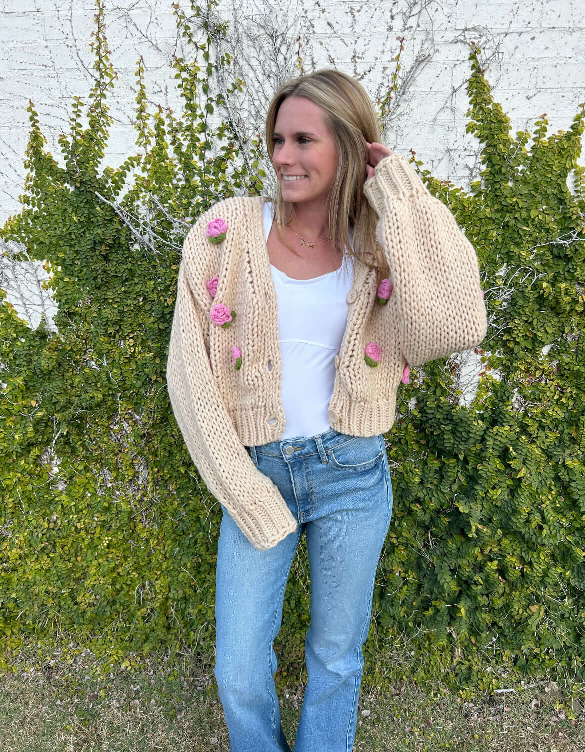 Jenny 3D Rose Knit Sweater Cardigan styled