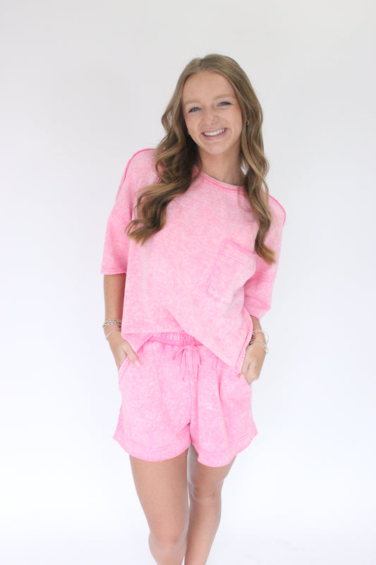 Blush Breeze Mineral Washed Knit Set - Pink hands in pockets