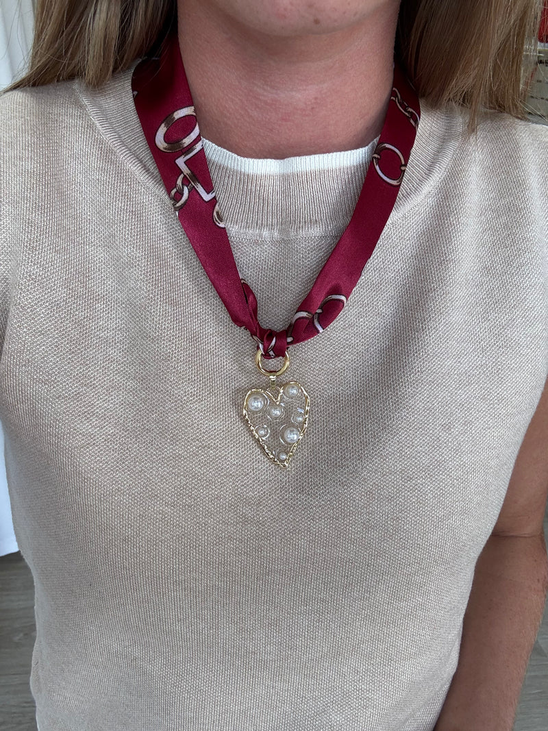 Maroon Scarf Necklace with Gold and Pearl Heart Pendant – Elegant Multi-Way Accessory