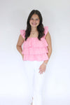 Southern Sweetheart Tiered Ruffle Top - Pink hand on pants