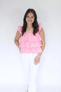 Southern Sweetheart Tiered Ruffle Top - Pink hand on pants
