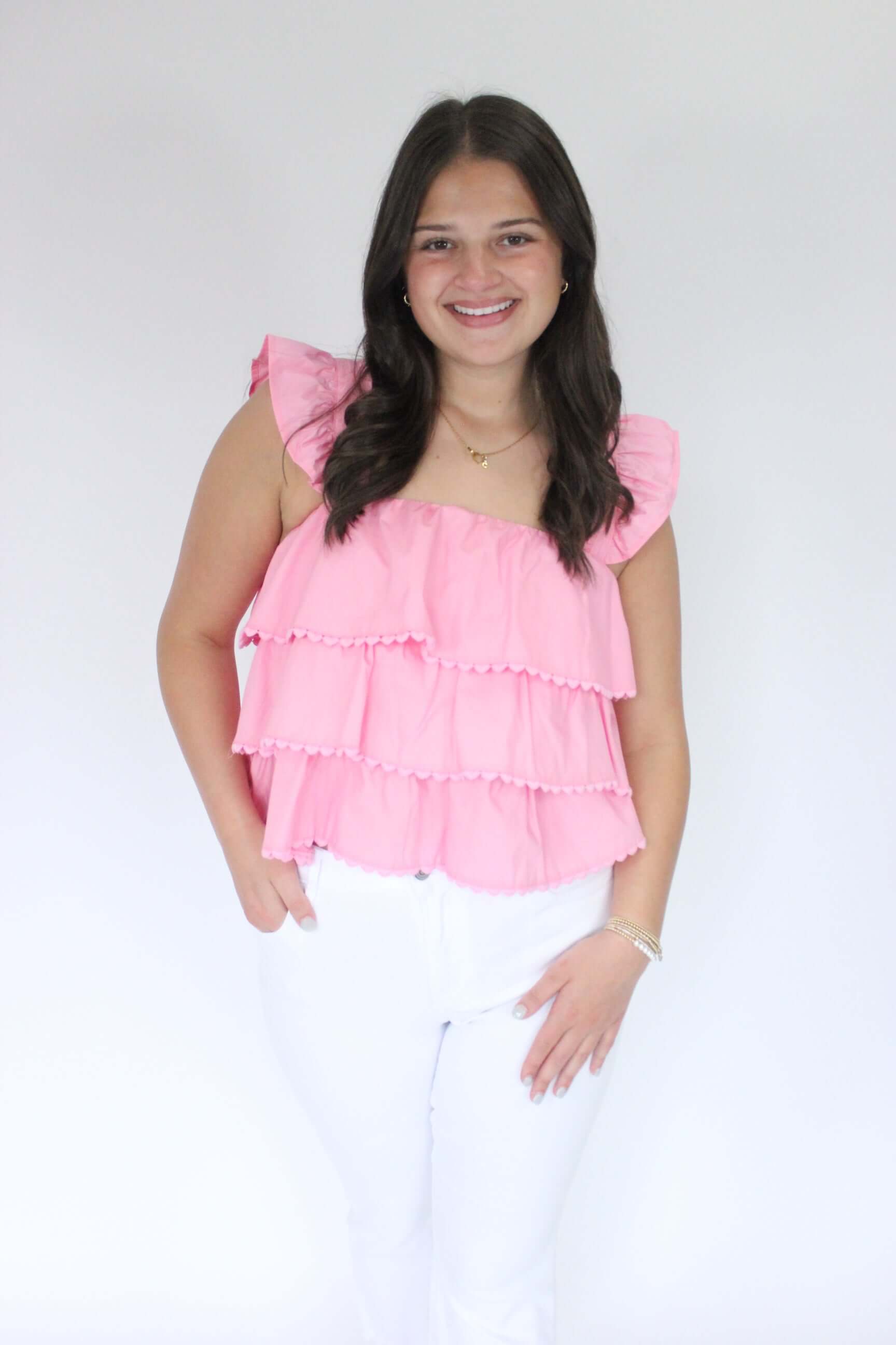 Southern Sweetheart Tiered Ruffle Top - Pink side smile