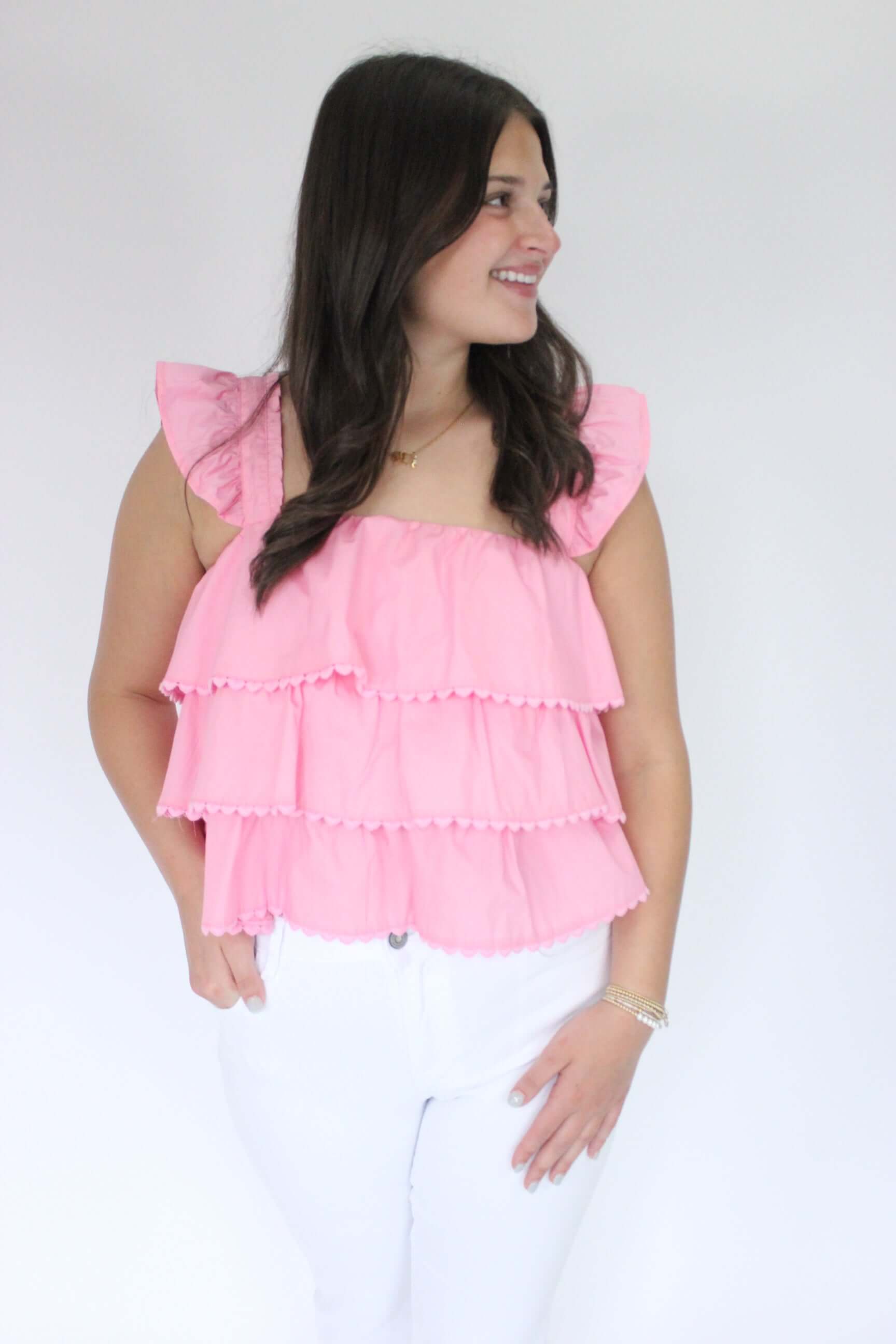 Southern Sweetheart Tiered Ruffle Top - Pink looking sidewise 