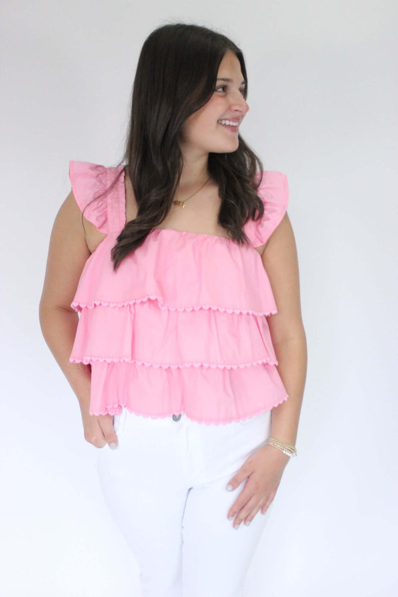 Southern Sweetheart Tiered Ruffle Top - Pink looking sidewise 