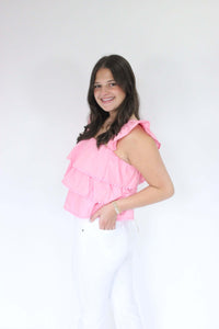 Southern Sweetheart Tiered Ruffle Top - Pink back view. 