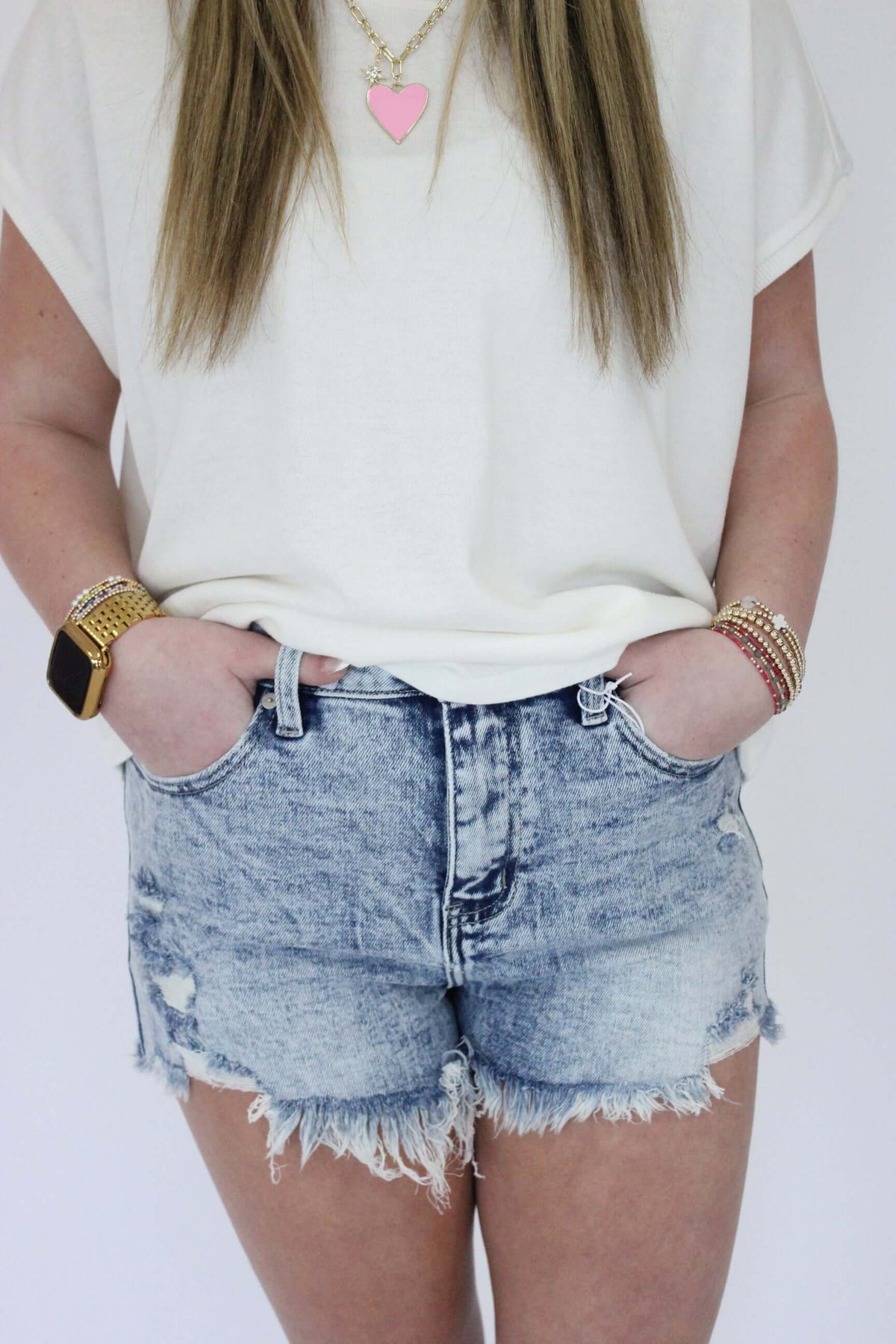 High Rise Fray Hen Denim Shorts front