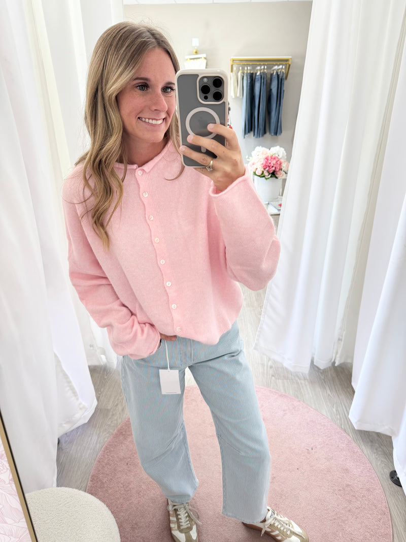 Baby pink knit button cardigan with long sleeves – stylish lightweight women’s sweater