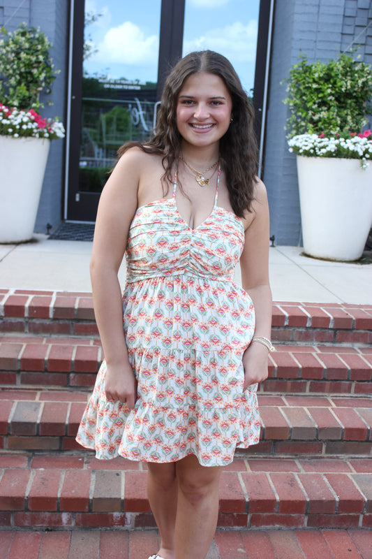 Peach Blossom Ruched Halter Mini Dress