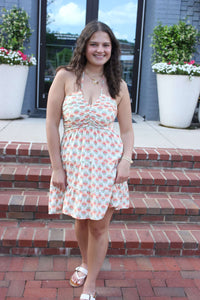 Peach Blossom Ruched Halter Mini Dress