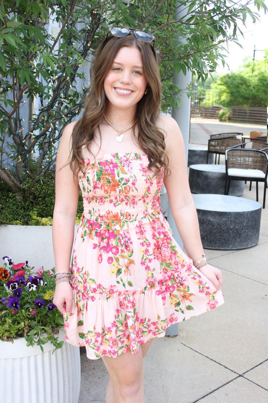 Sunset Bloom Strapless Smocked Mini Dress