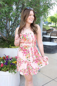 Sunset Bloom Strapless Smocked Mini Dress