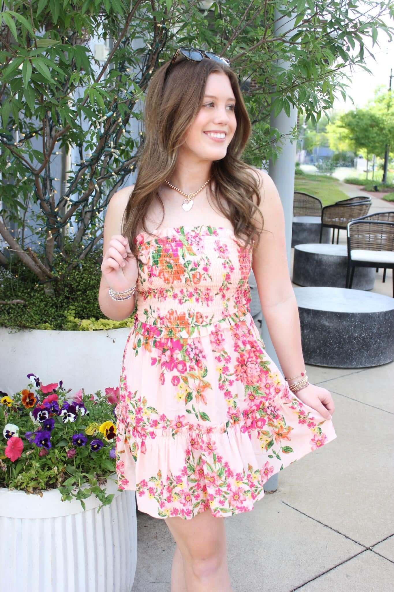 Sunset Bloom Strapless Smocked Mini Dress