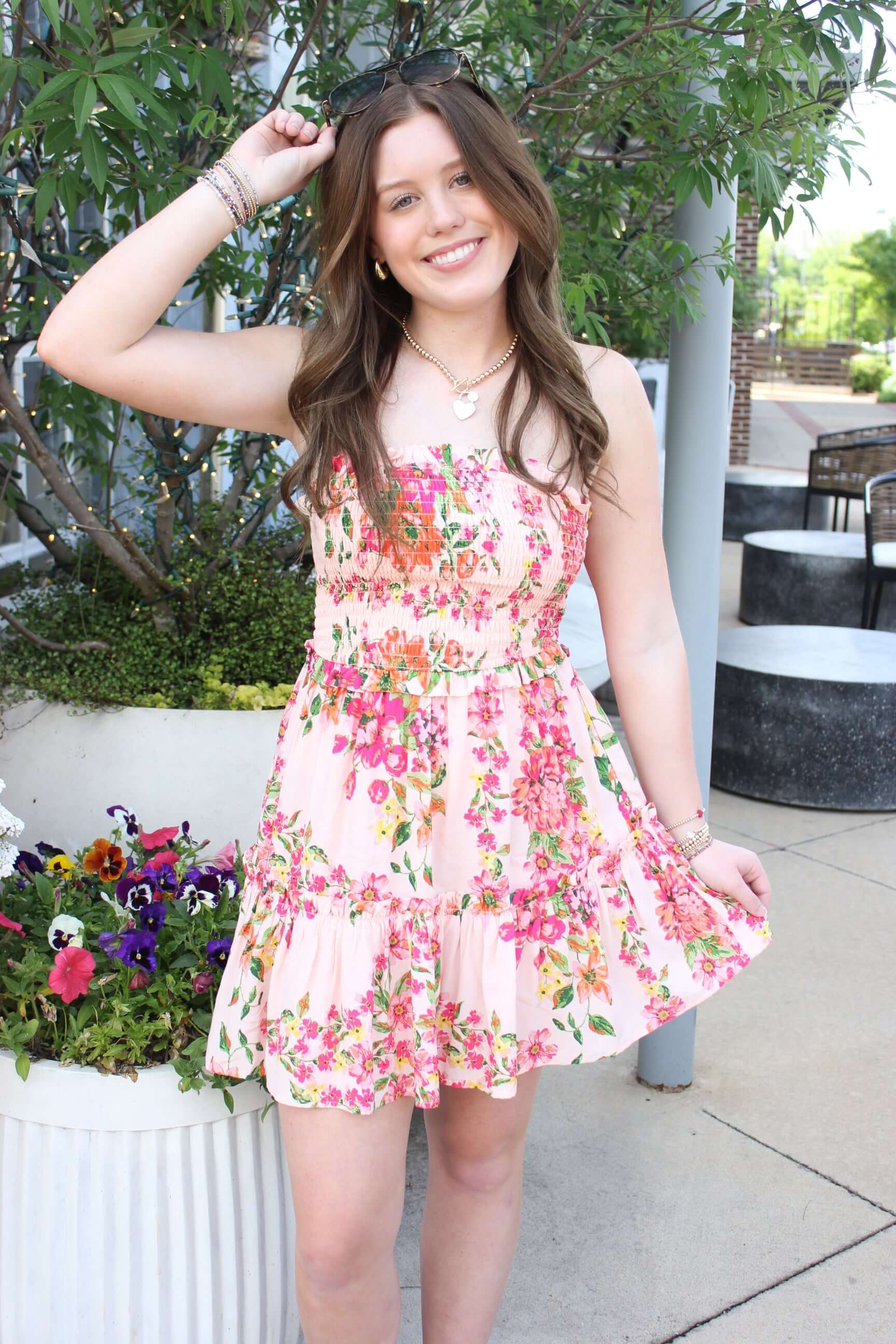 Sunset Bloom Strapless Smocked Mini Dress