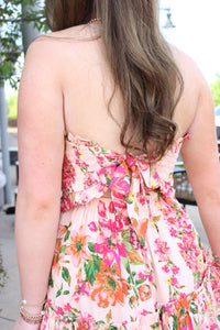 Sunset Bloom Strapless Smocked Mini Dress