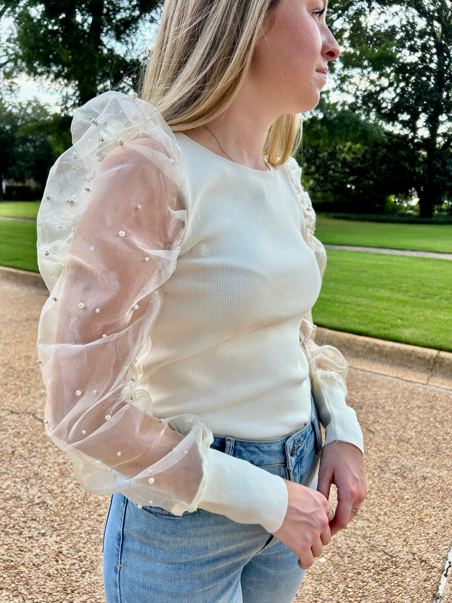 London Pearl Sleeve Detail Top - Cream