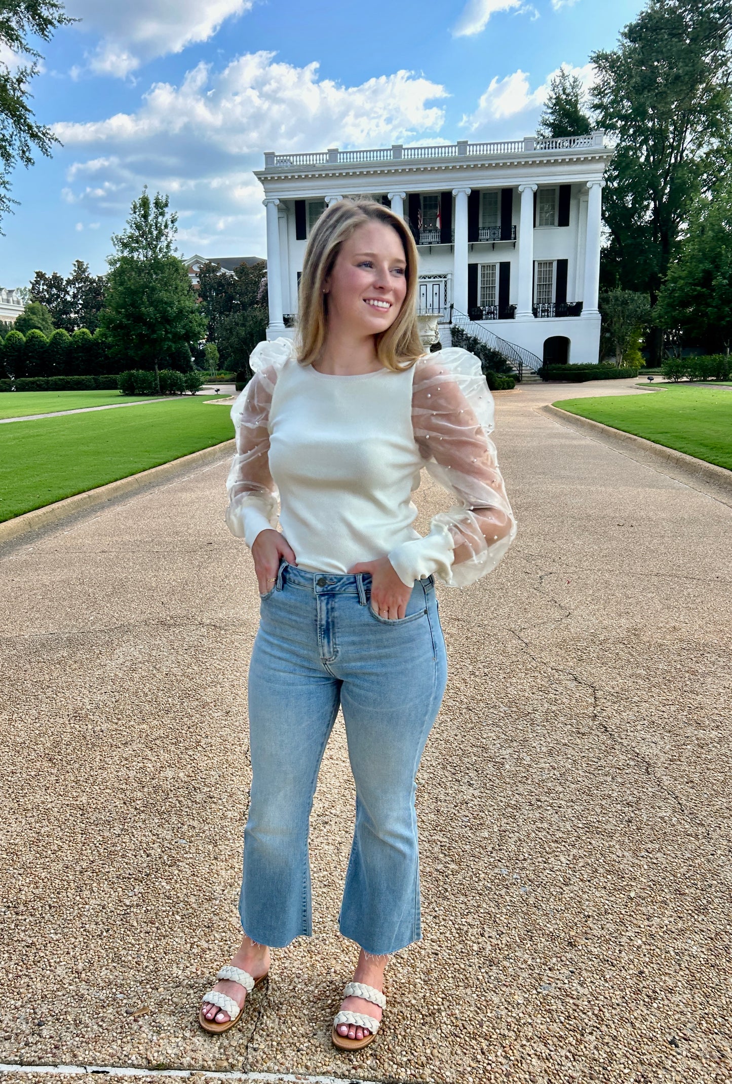 London Pearl Sleeve Detail Top - Cream