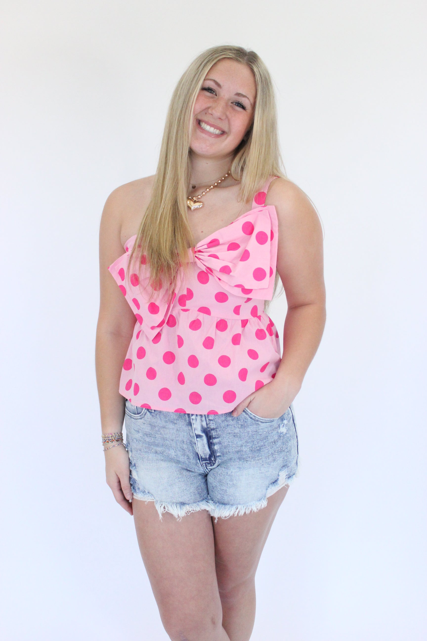 Pretty in Pink One-Shoulder Ruffle Top far away 
