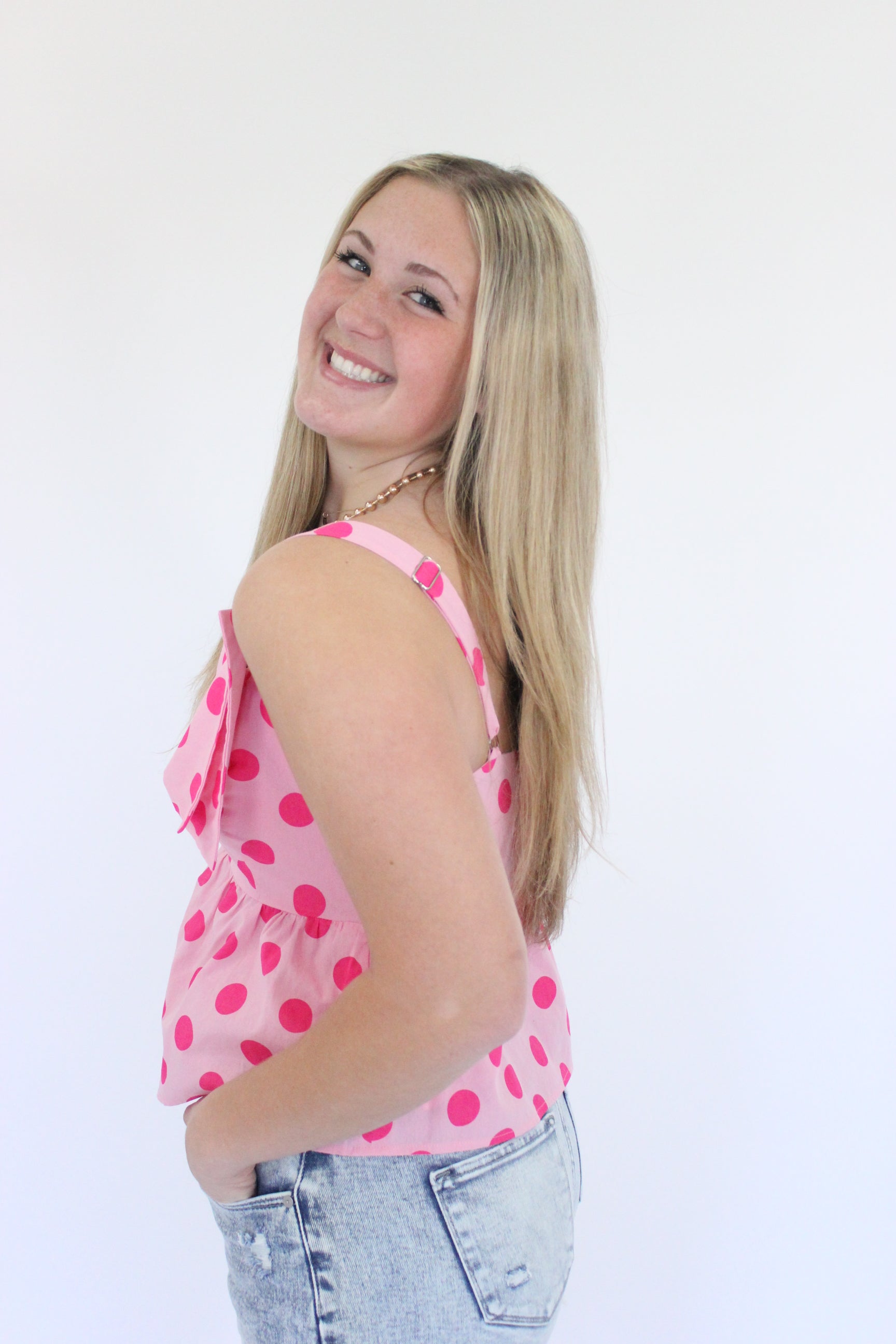 Pretty in Pink One-Shoulder Ruffle Top adjustable 