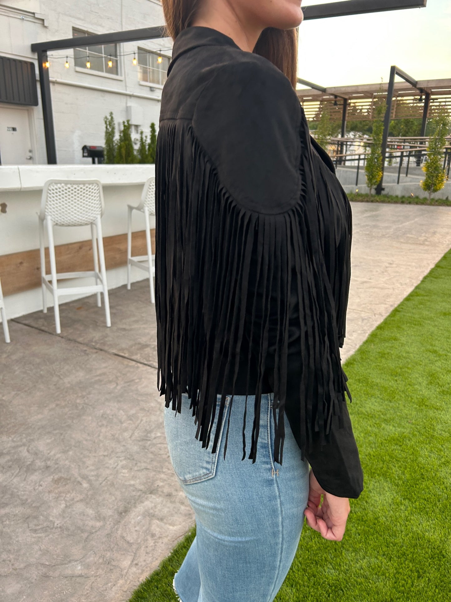 Amber Faux Suede Fringe Bomber Jacket