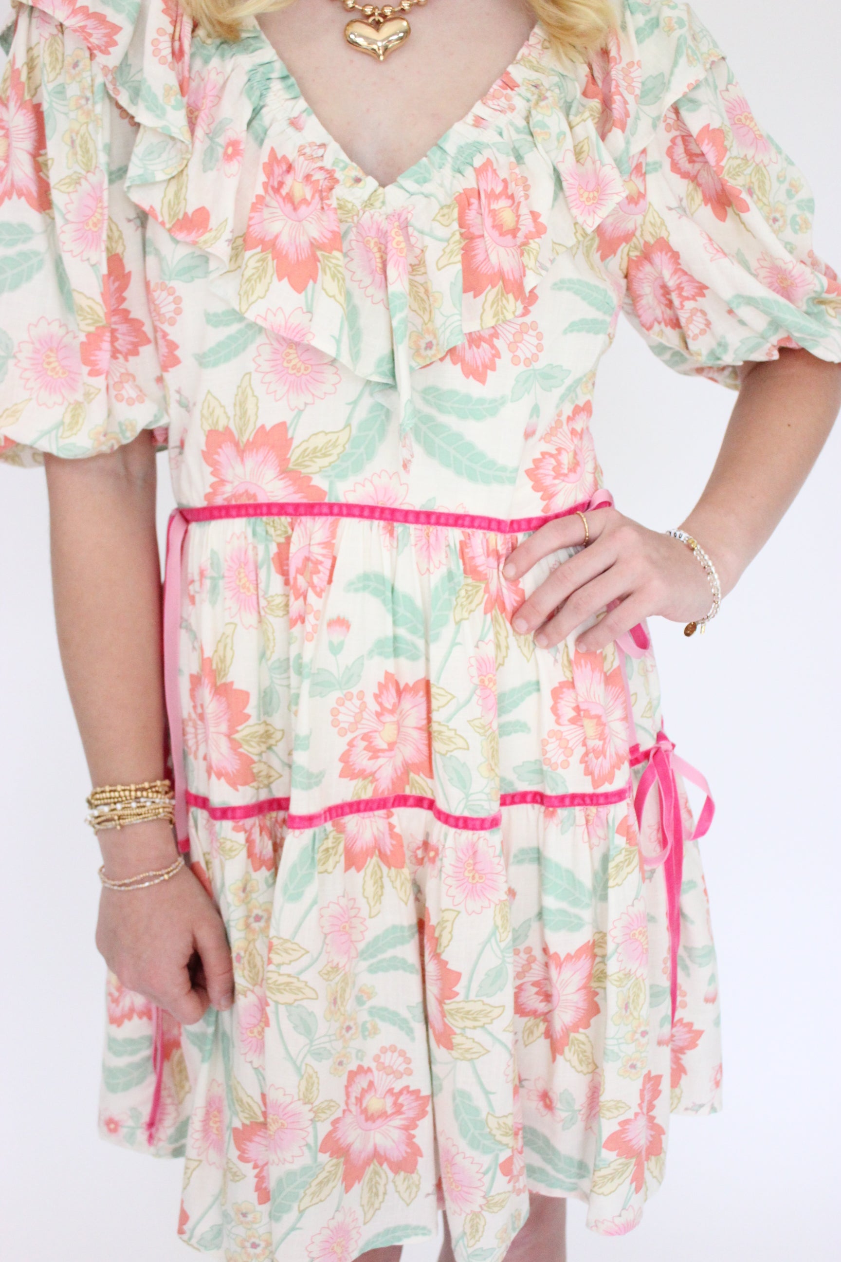 Magnolia Bloom V-Neck Dress - Pink bow details