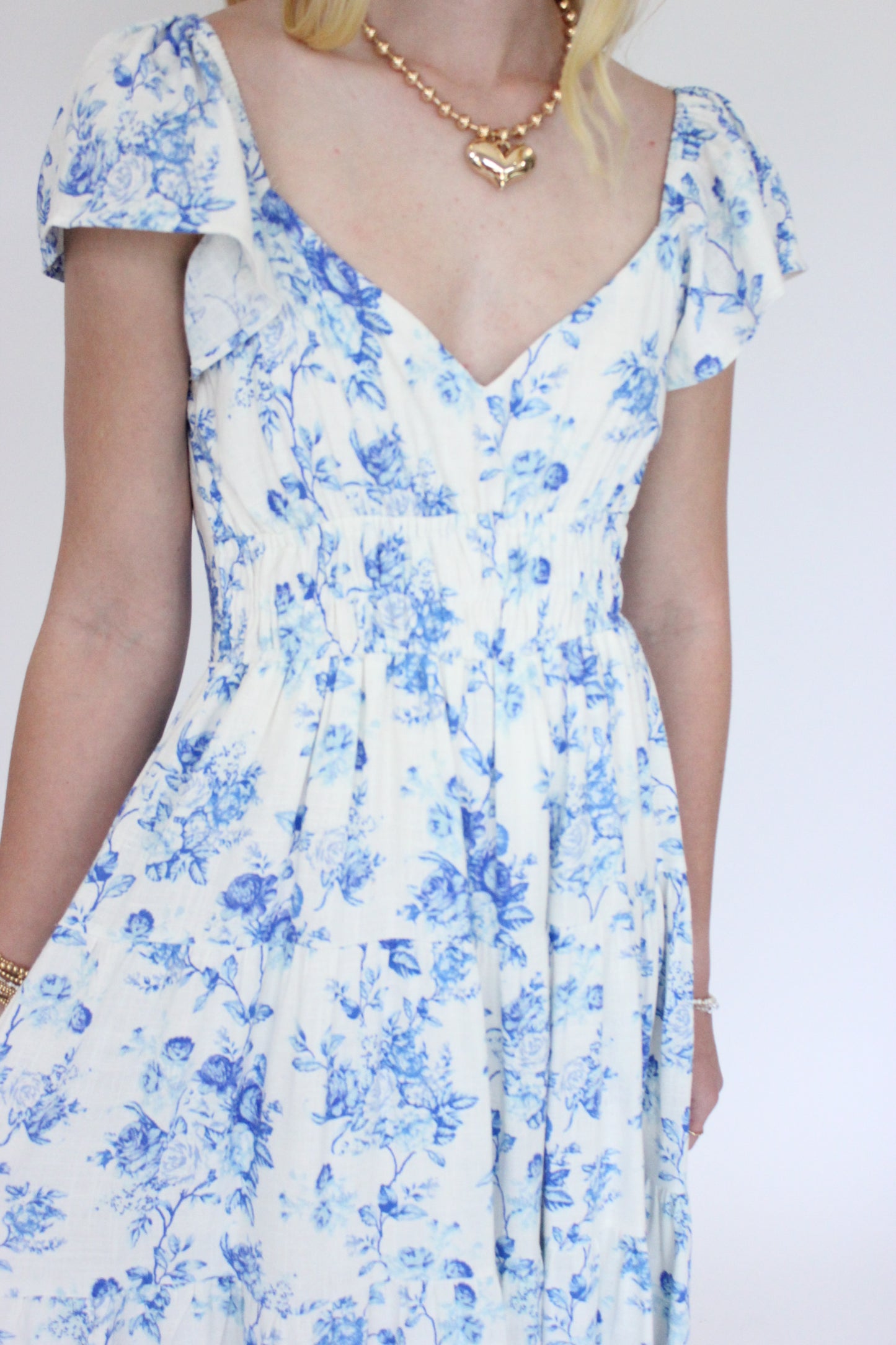 Sweetheart Print Dress - Blue Front Details