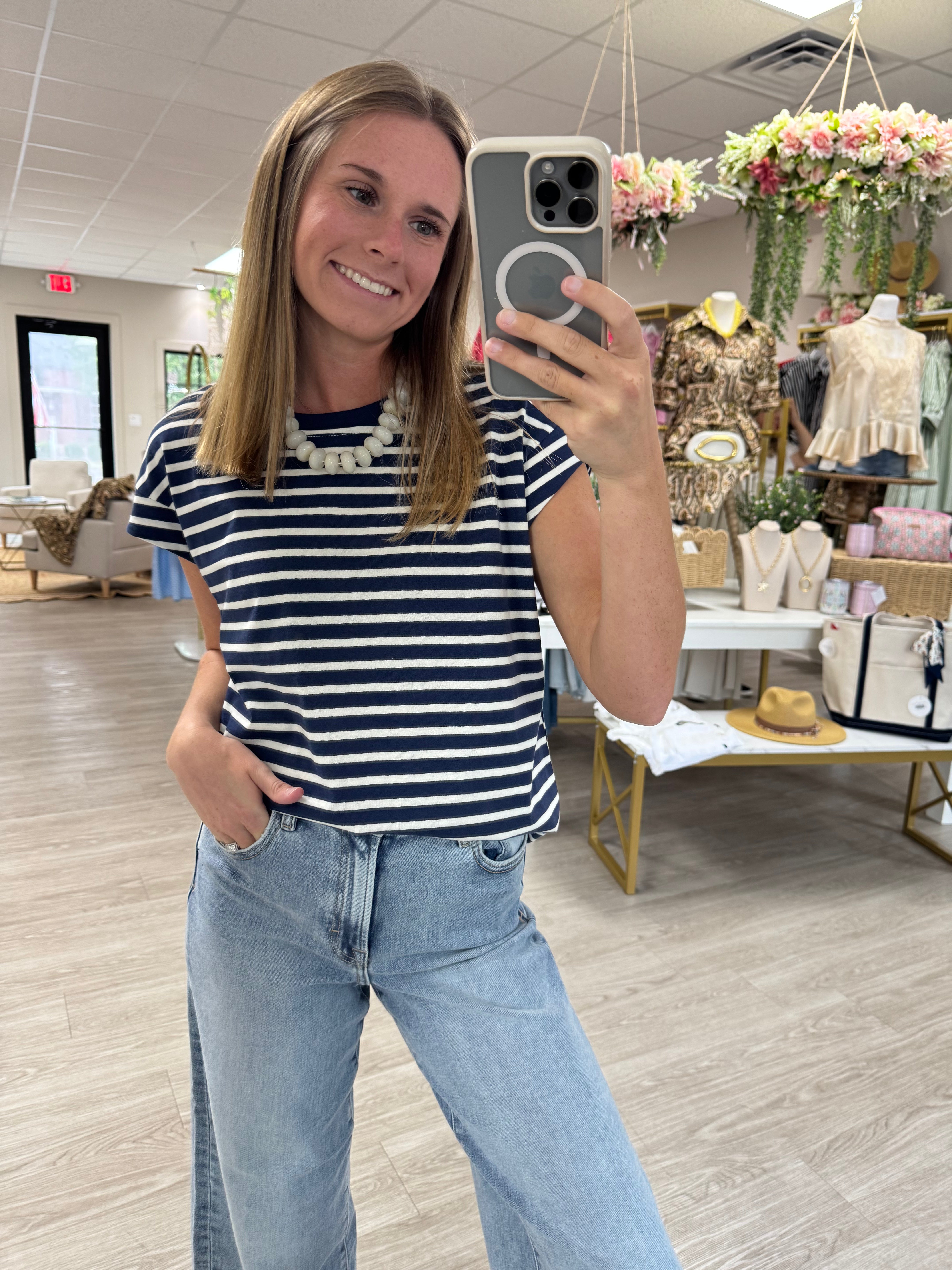 Navy and white striped top, women's short sleeve knit shirt, casual everyday style