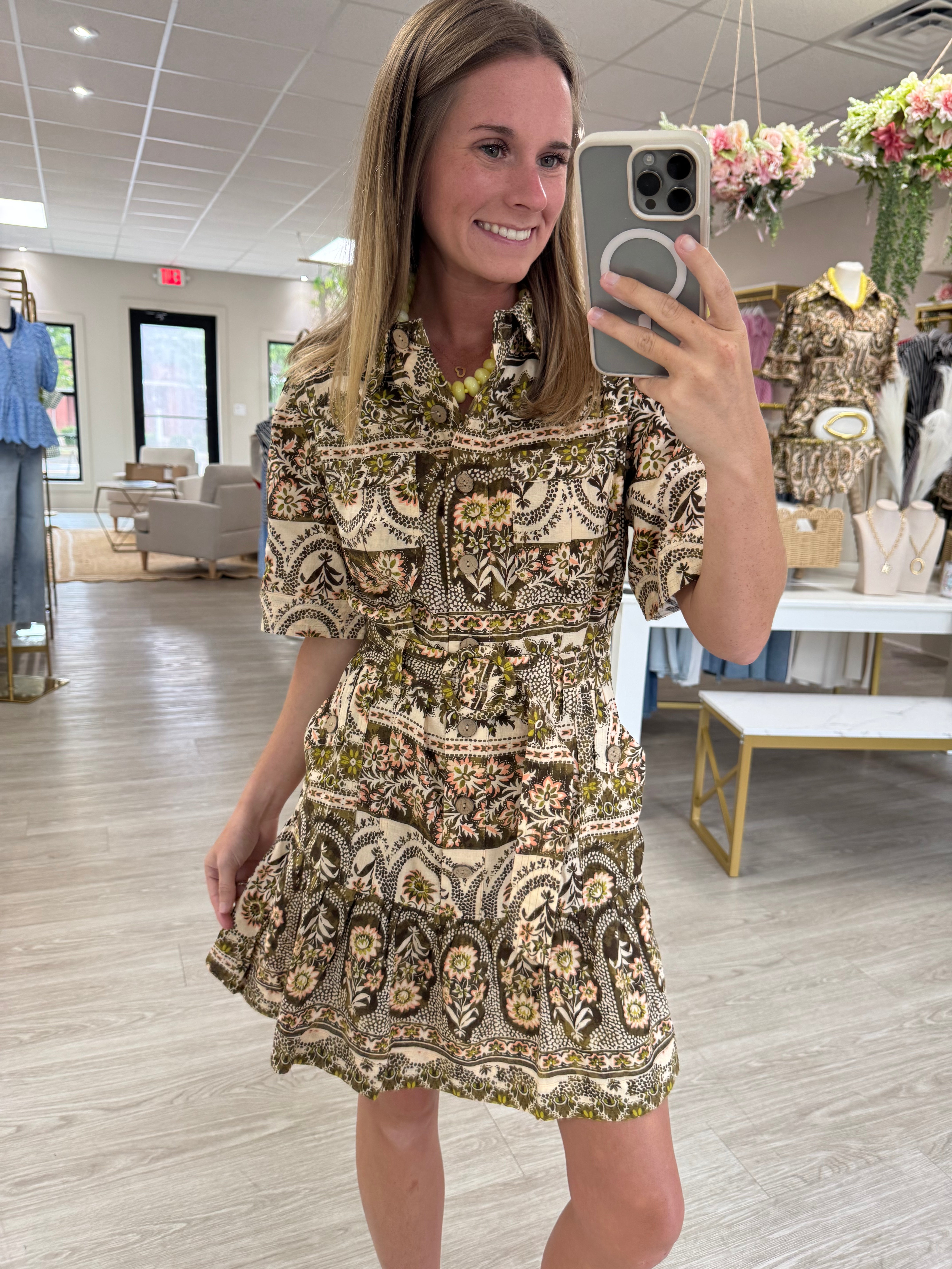 Floral print midi dress with bucket waist, olive green and cream fall pattern, women's short sleeve dress