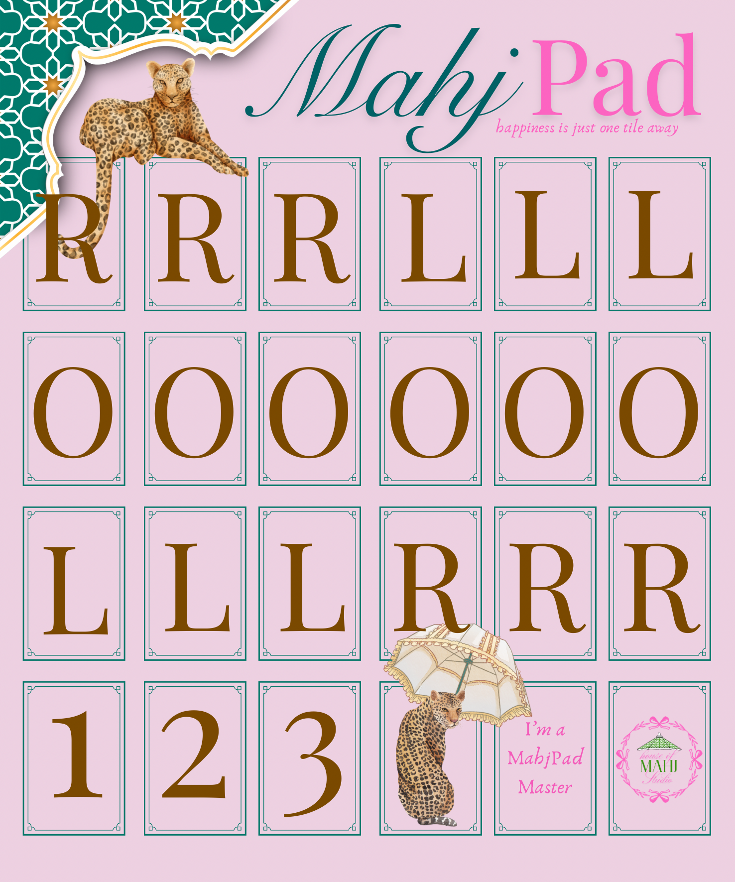 Cheetah Mahjong practice mat with pink design and guided tile placement.