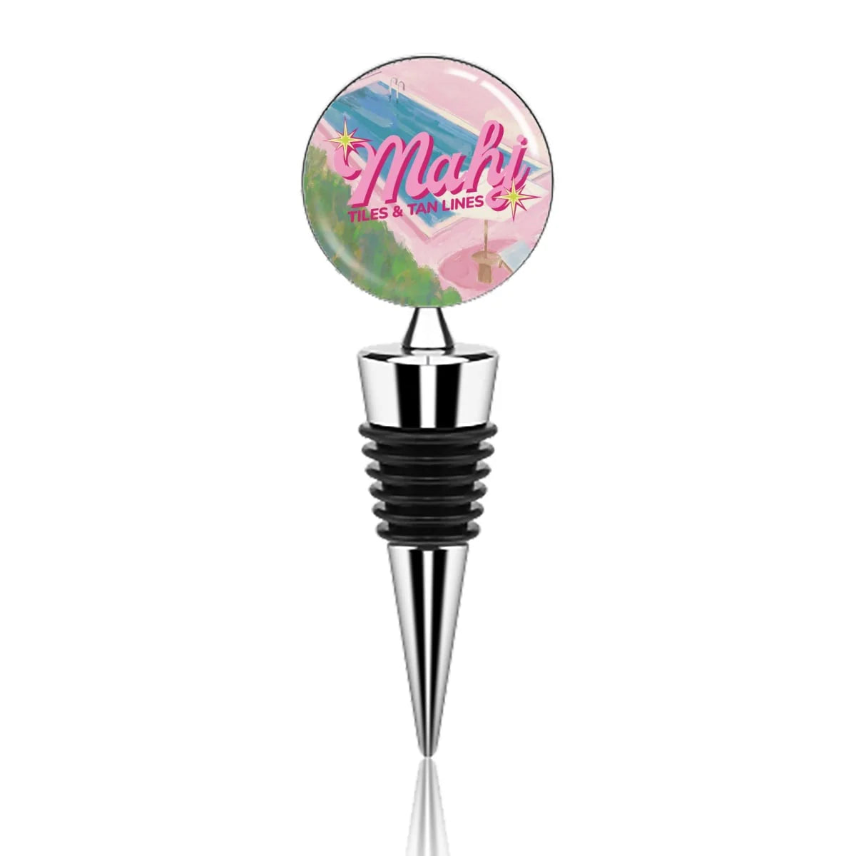 Mahjong-themed wine stopper featuring the "Tiles & Tan Lines" design with a colorful poolside illustration and chrome finish