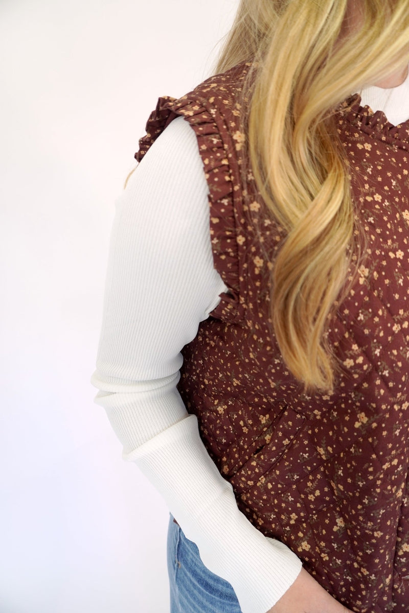Amelia Brown Ditsy Floral Quilted Fall Vest - Anderson Ave boutique