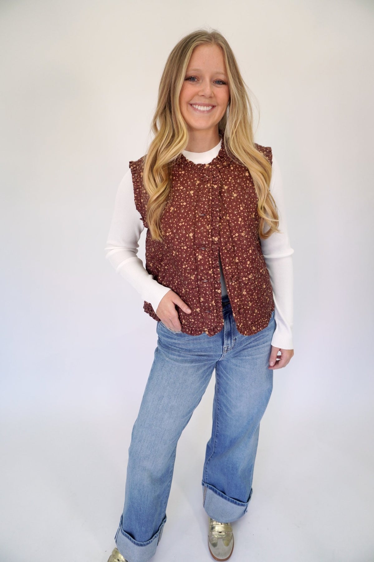 Amelia Brown Ditsy Floral Quilted Fall Vest - Anderson Ave boutique