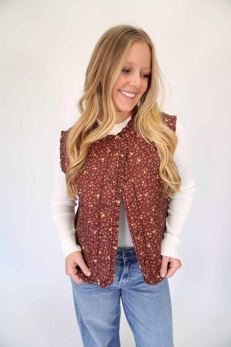 Amelia Brown Ditsy Floral Quilted Fall Vest - Anderson Ave boutique