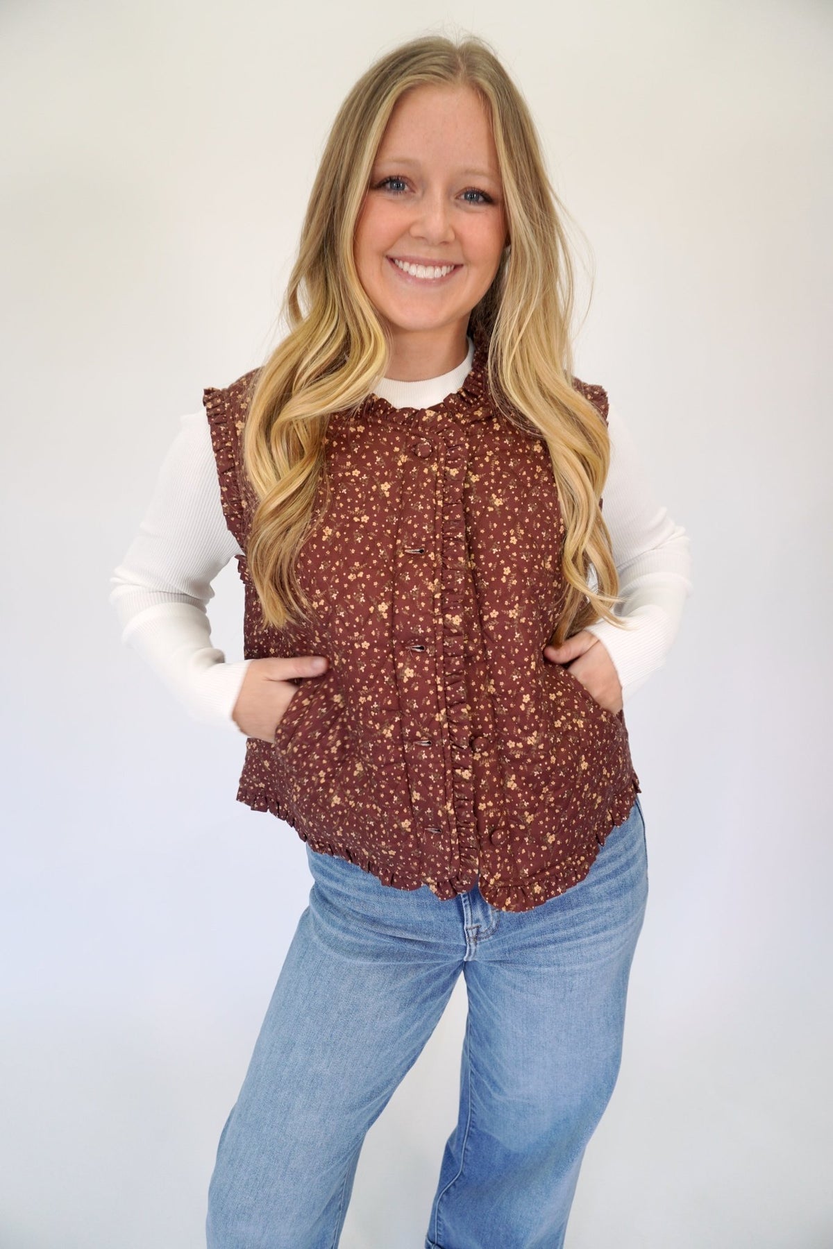 Amelia Brown Ditsy Floral Quilted Fall Vest - Anderson Ave boutique