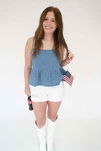 American Honey Chambray Peplum Top - Light Denim - Anderson Ave boutique