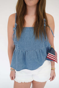 American Honey Chambray Peplum Top - Light Denim - Anderson Ave boutique