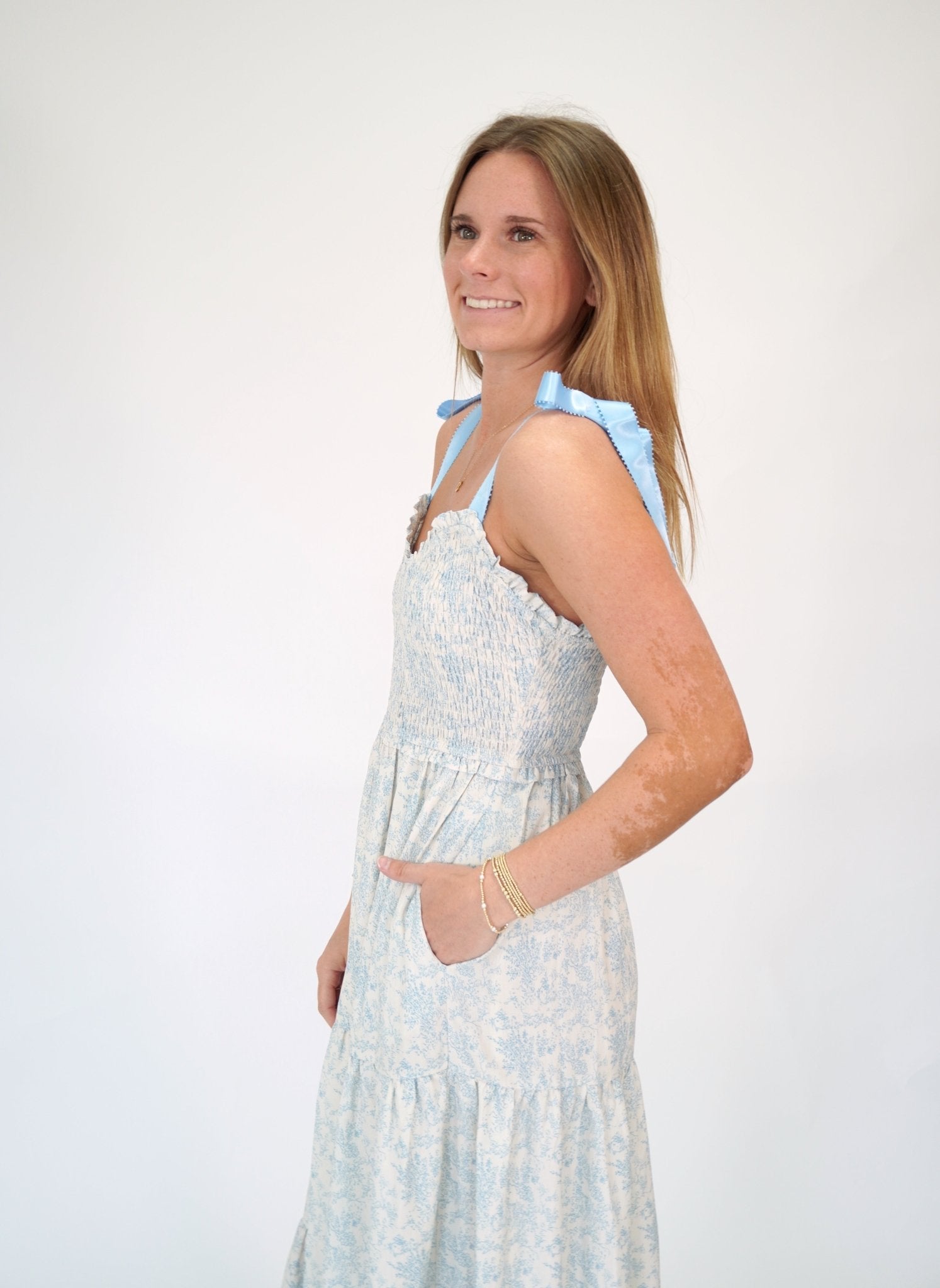 Aria Blue Floral Smocked Tiered Maxi Dress with Ribbon Straps - Anderson Ave boutique