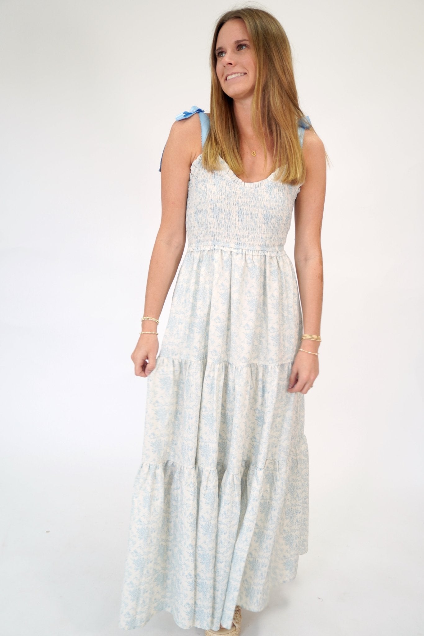 Aria Blue Floral Smocked Tiered Maxi Dress with Ribbon Straps - Anderson Ave boutique