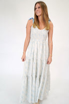 Aria Blue Floral Smocked Tiered Maxi Dress with Ribbon Straps - Anderson Ave boutique