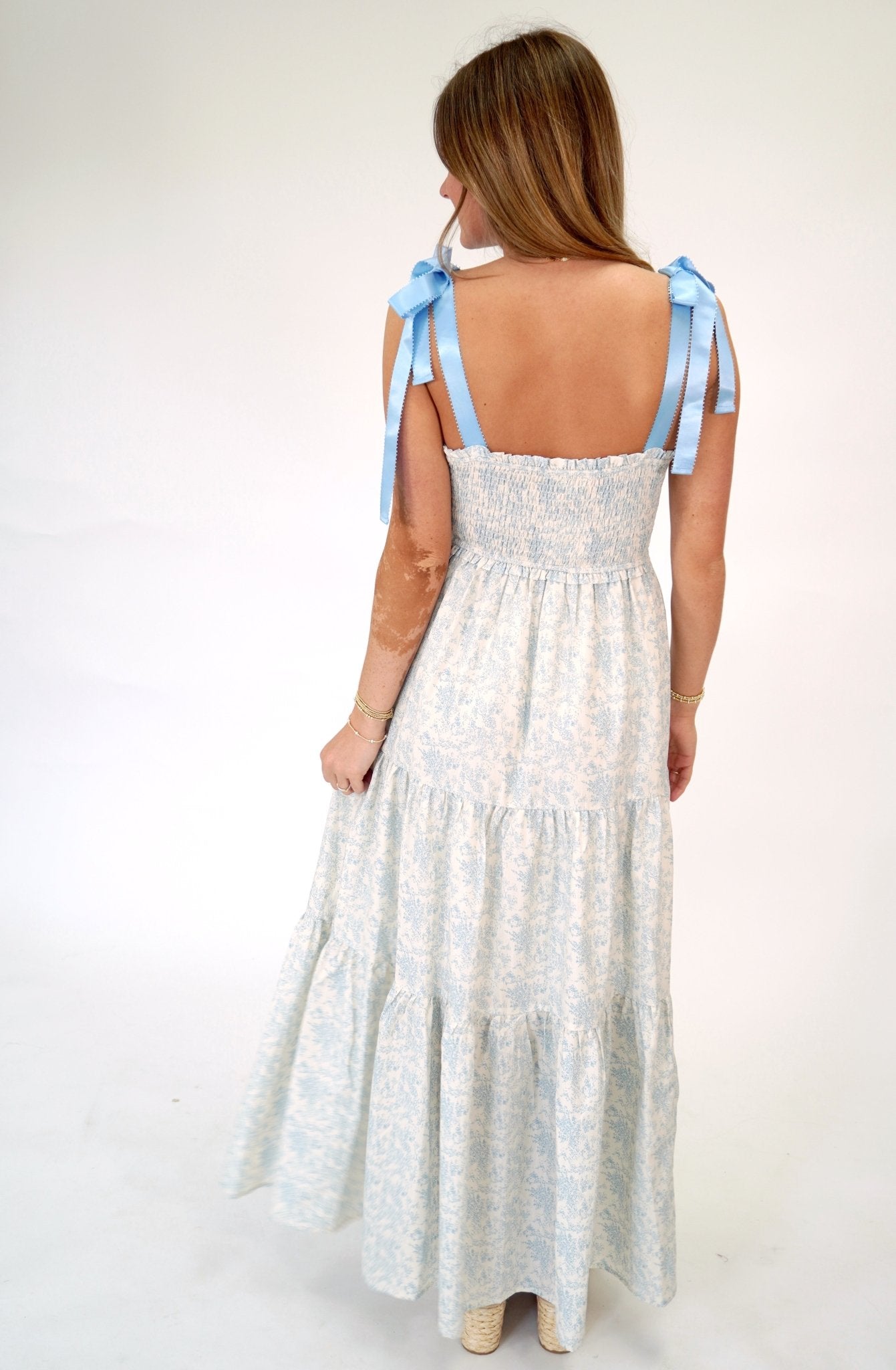 Aria Blue Floral Smocked Tiered Maxi Dress with Ribbon Straps - Anderson Ave boutique