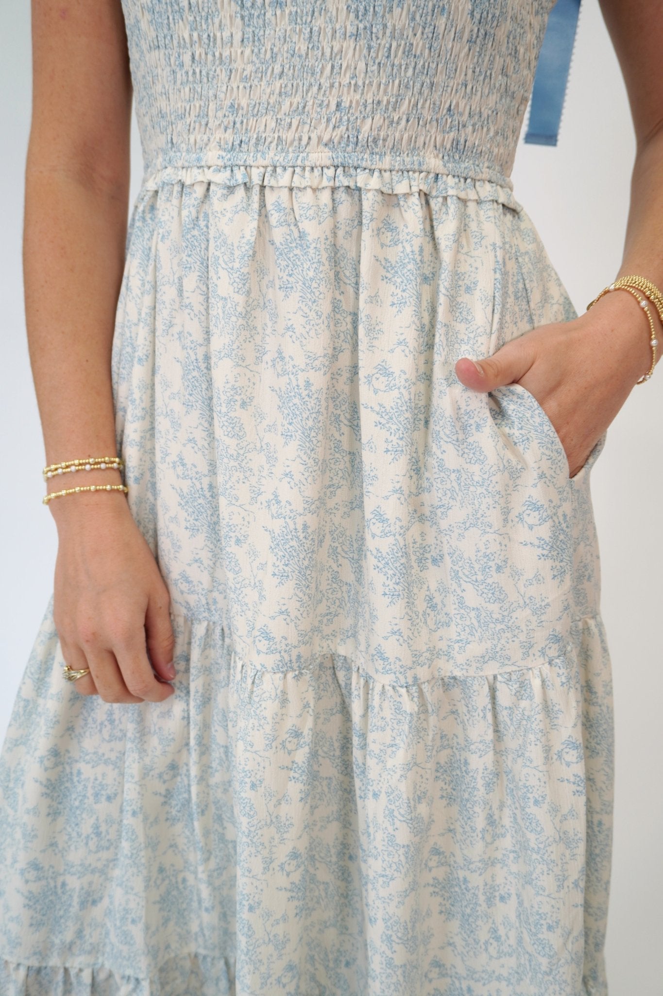 Aria Blue Floral Smocked Tiered Maxi Dress with Ribbon Straps - Anderson Ave boutique