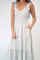 Aria Blue Floral Smocked Tiered Maxi Dress with Ribbon Straps - Anderson Ave boutique