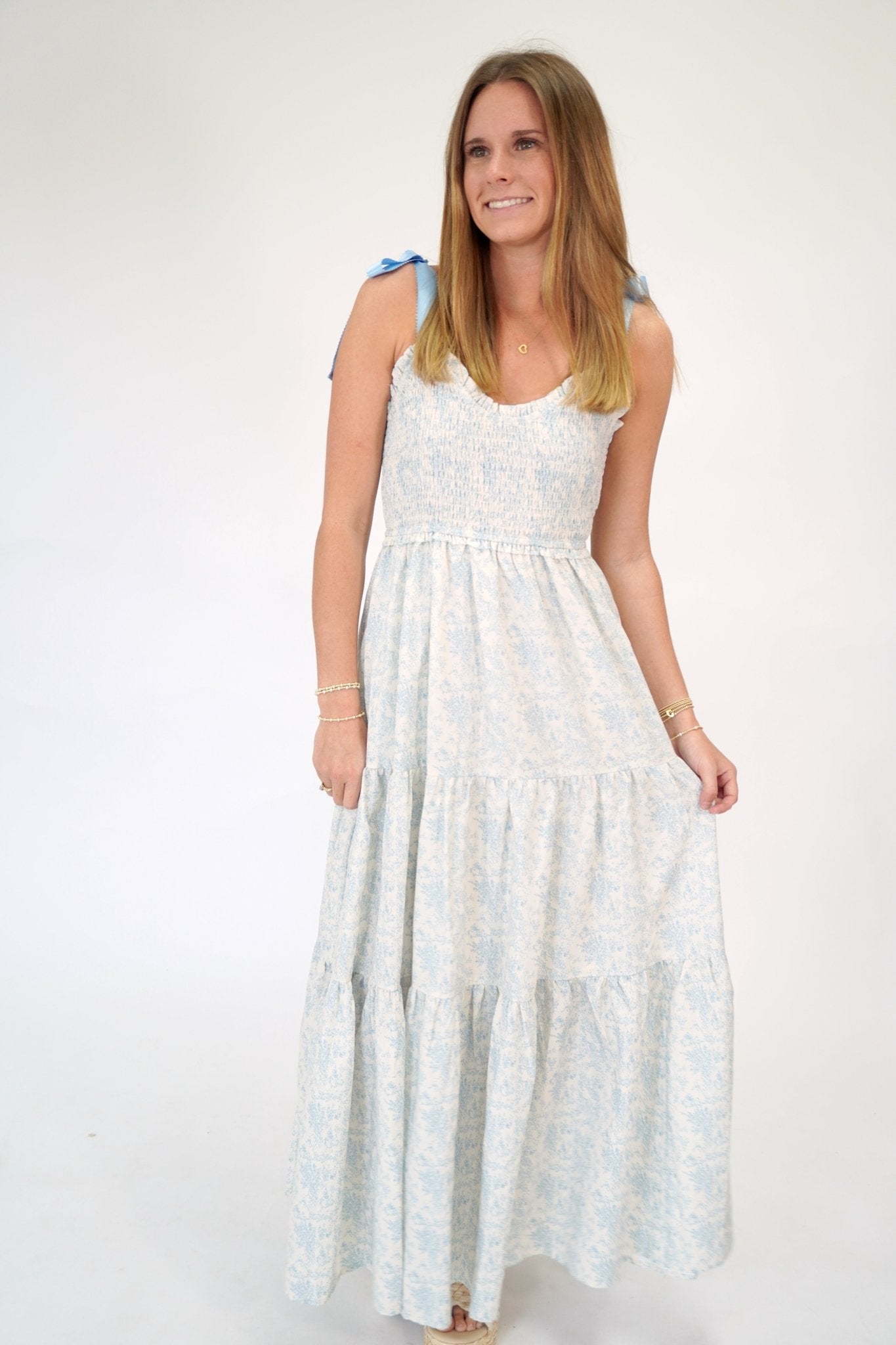 Aria Blue Floral Smocked Tiered Maxi Dress with Ribbon Straps - Anderson Ave boutique