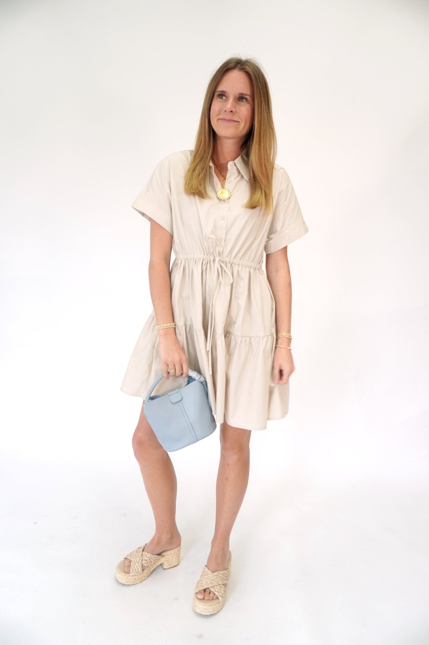 Aria Cotton Tiered Shirt Dress – Cinched Waist Mini - Taupe - Anderson Ave boutique