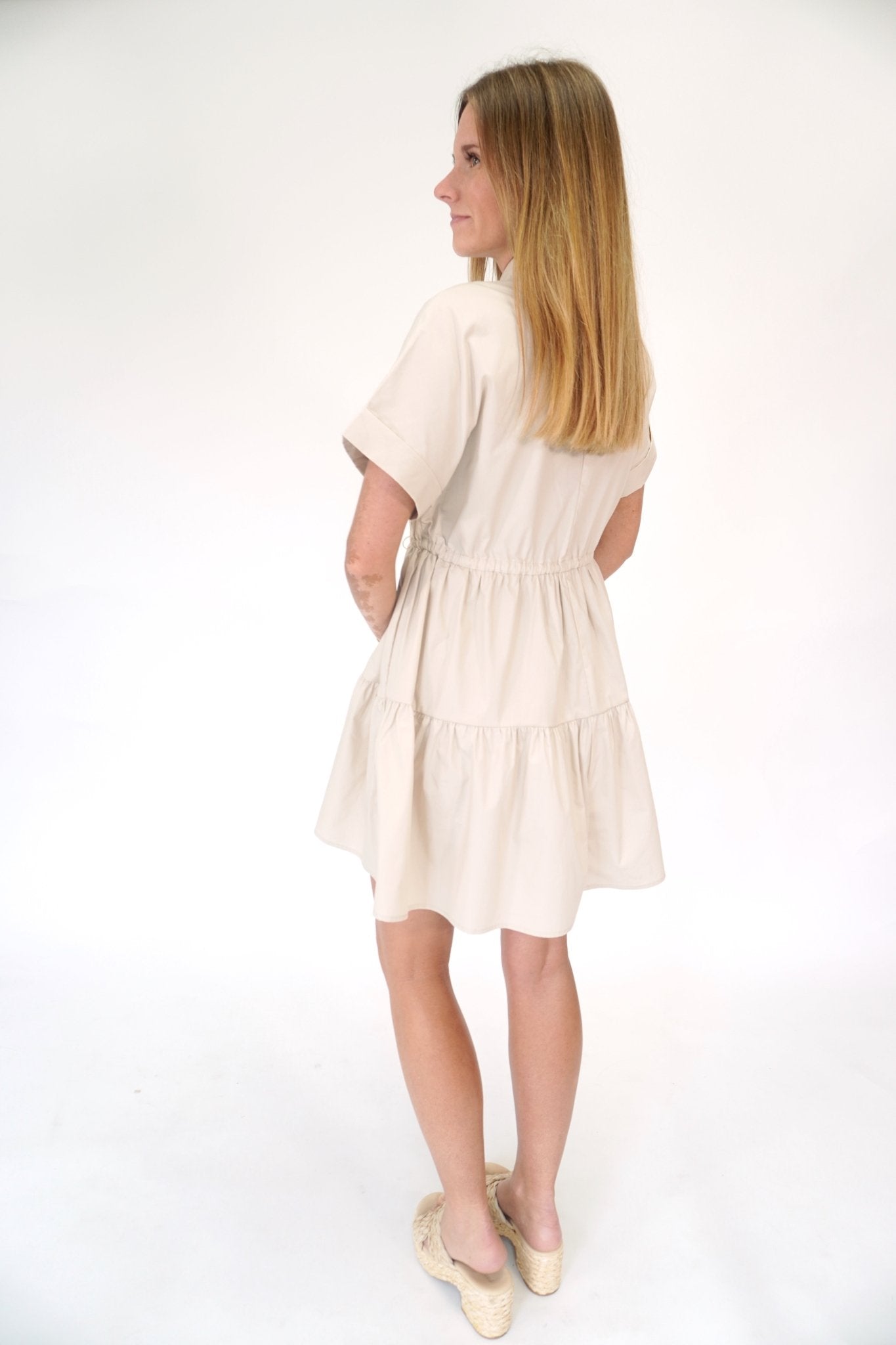 Aria Cotton Tiered Shirt Dress – Cinched Waist Mini - Taupe - Anderson Ave boutique
