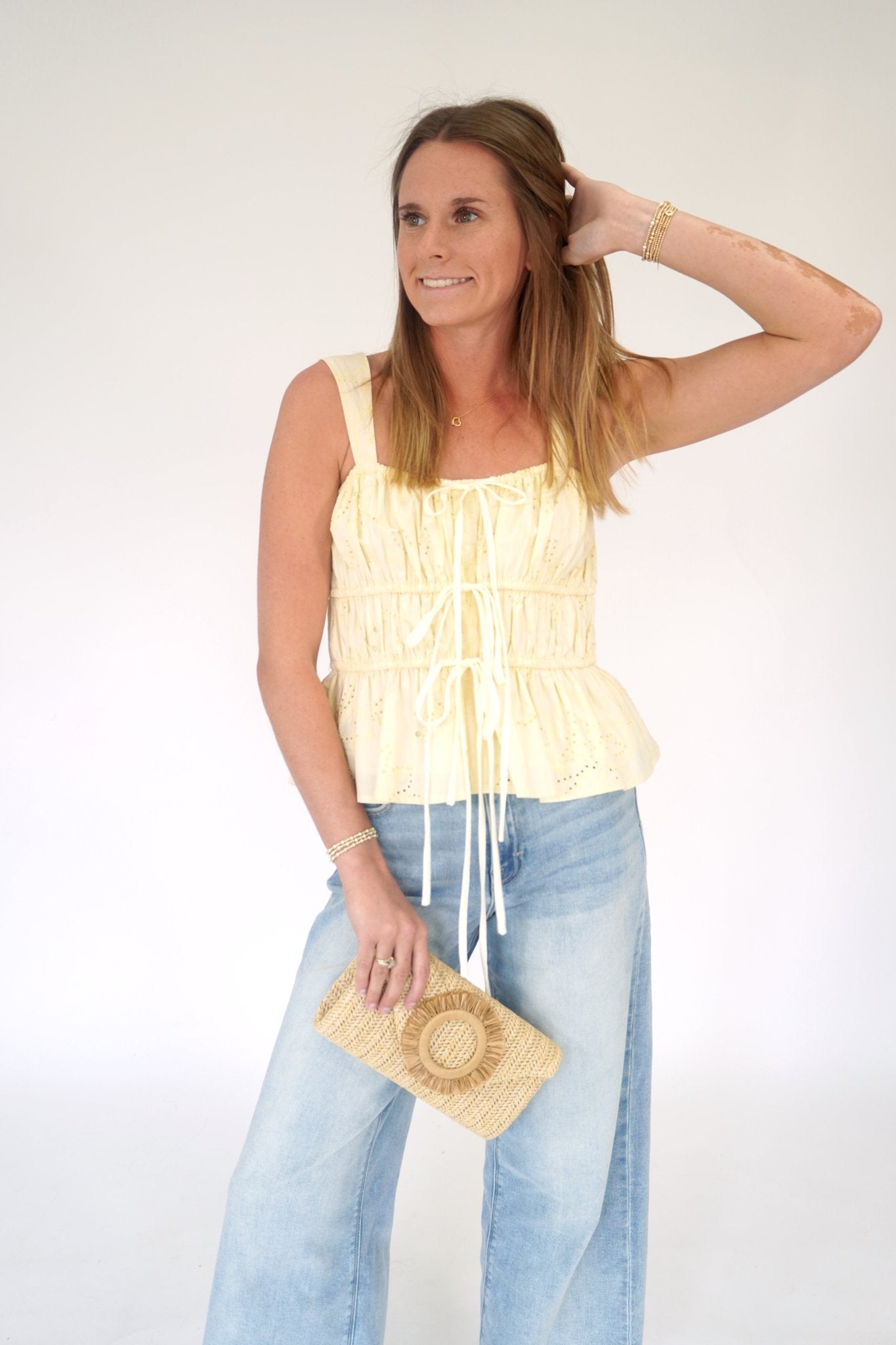 Aria Eyelet Peplum Tie - Front Cami – Butter Yellow - Anderson Ave boutique