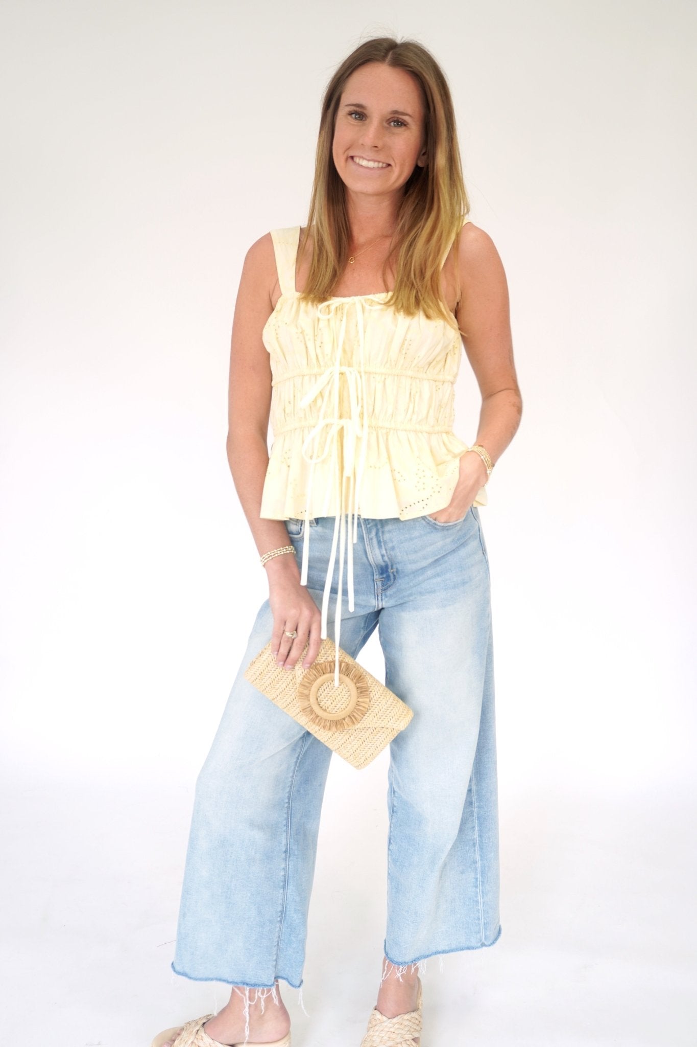 Aria Eyelet Peplum Tie - Front Cami – Butter Yellow - Anderson Ave boutique