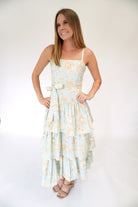 Aria Floral Tiered Ruffle Midi Dress – Blue - Anderson Ave boutique