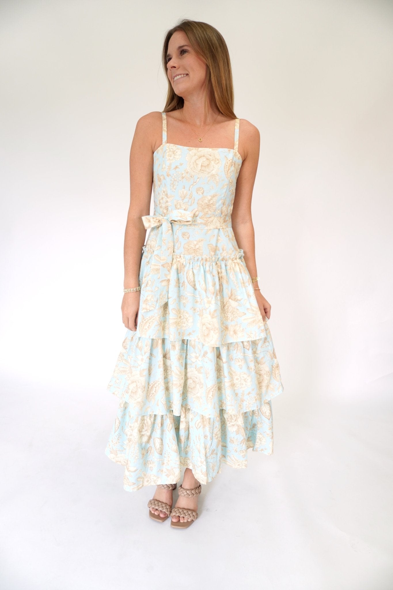 Aria Floral Tiered Ruffle Midi Dress – Blue - Anderson Ave boutique